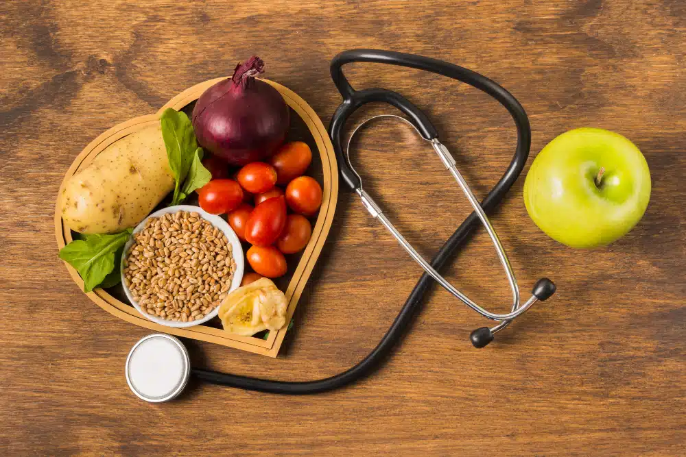 Healthy food and stethoscope
