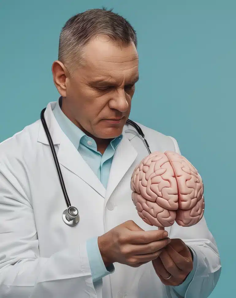 doctor holding model human brain focusing intently